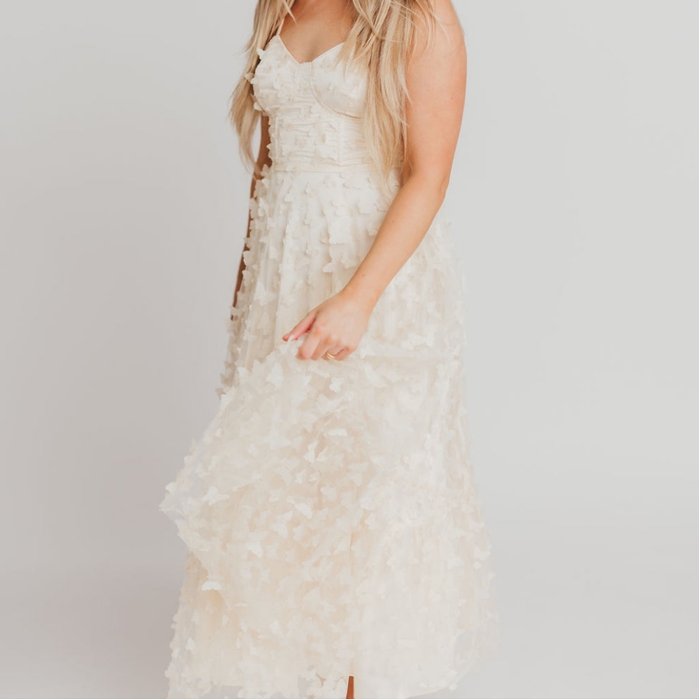 Butterfly Bustier Applique Midi Dress Cream